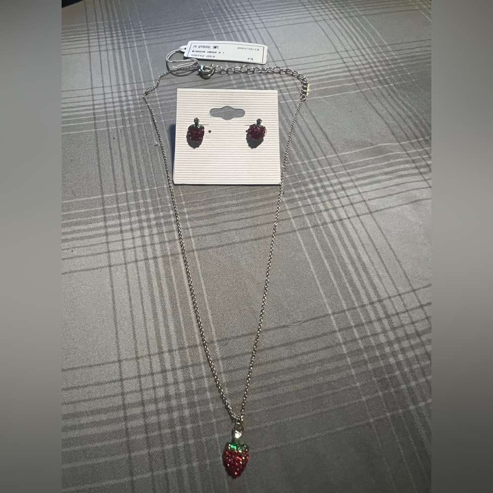 Charming Silver necklace and Red Strawberry Earrings